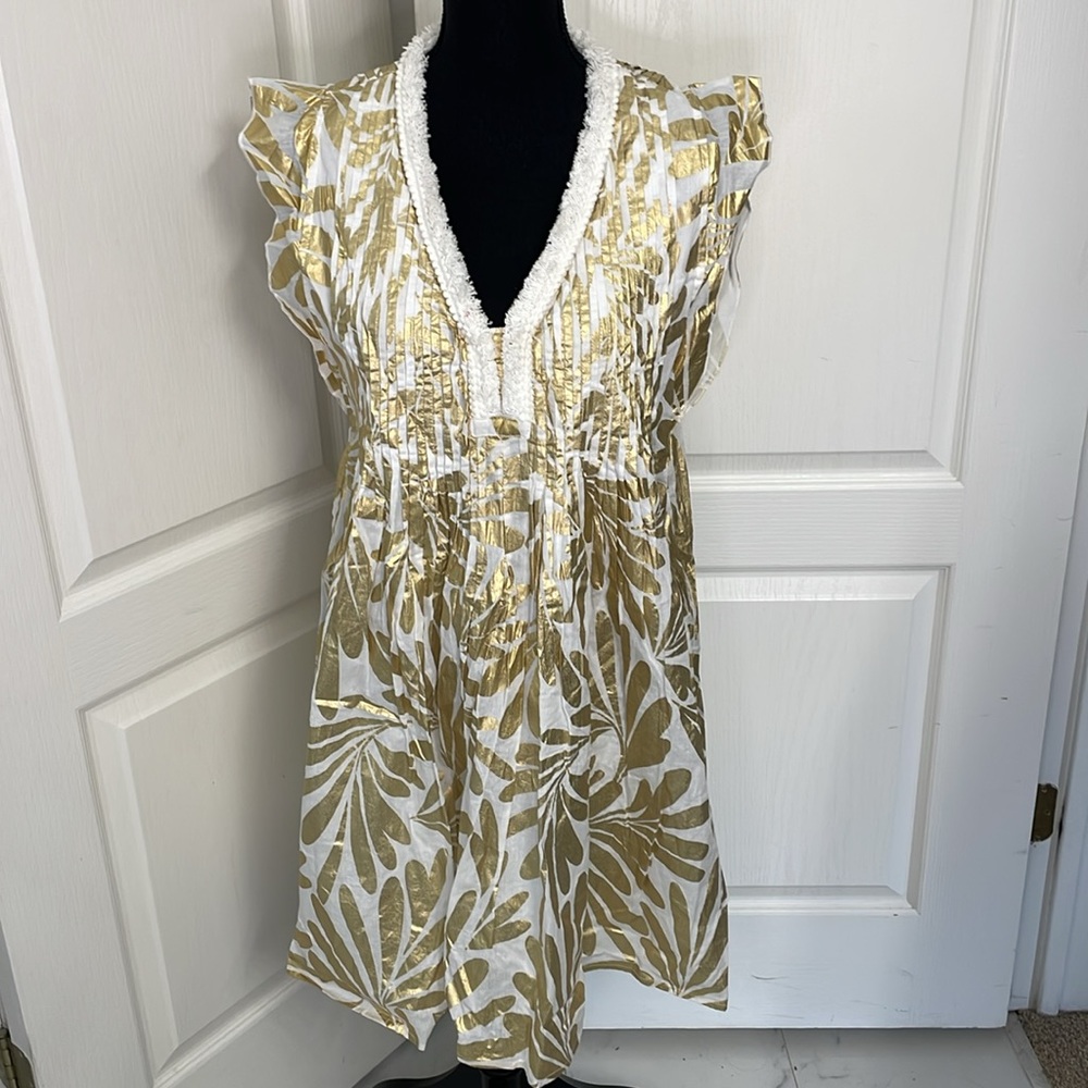 Jude Connally smock Larissa dress gold white size L palm beach cruise party - Picture 5 of 15